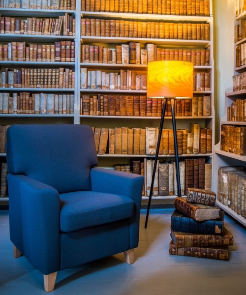 blauer Sessel im Raum mit Bücherregal Wand mit Stehlampe